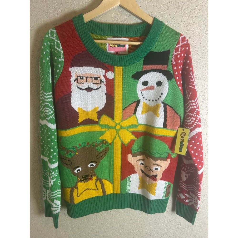 Tipsy Elves Ugly Christmas Sweater Men Medium Green Red Santa Snowman NWT